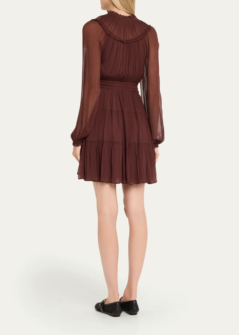 ULLA JOHNSON Ava Long-Sleeve Tiered Silk Mini Dress - Mahogany