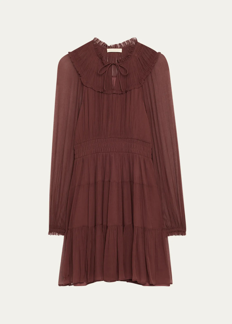 ULLA JOHNSON Ava Long-Sleeve Tiered Silk Mini Dress - Mahogany