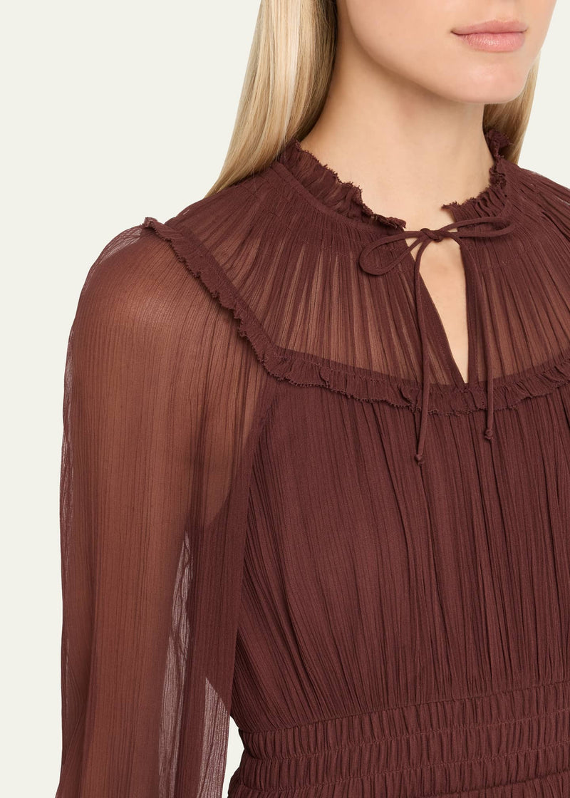 ULLA JOHNSON Ava Long-Sleeve Tiered Silk Mini Dress - Mahogany