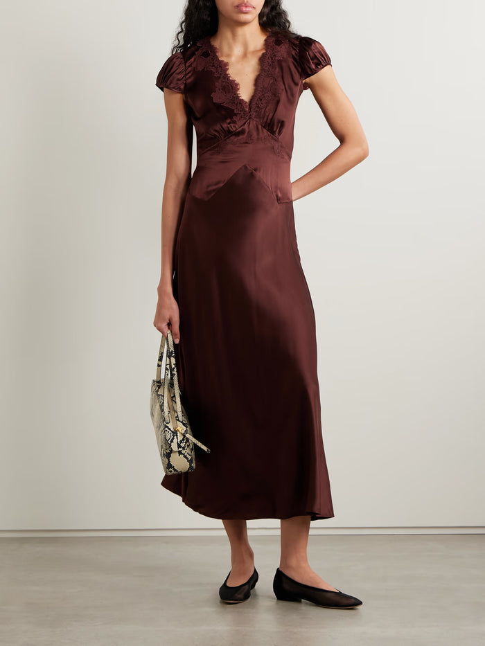 DÔEN Coraline corded lace-trimmed silk-satin maxi dress- Café Brun