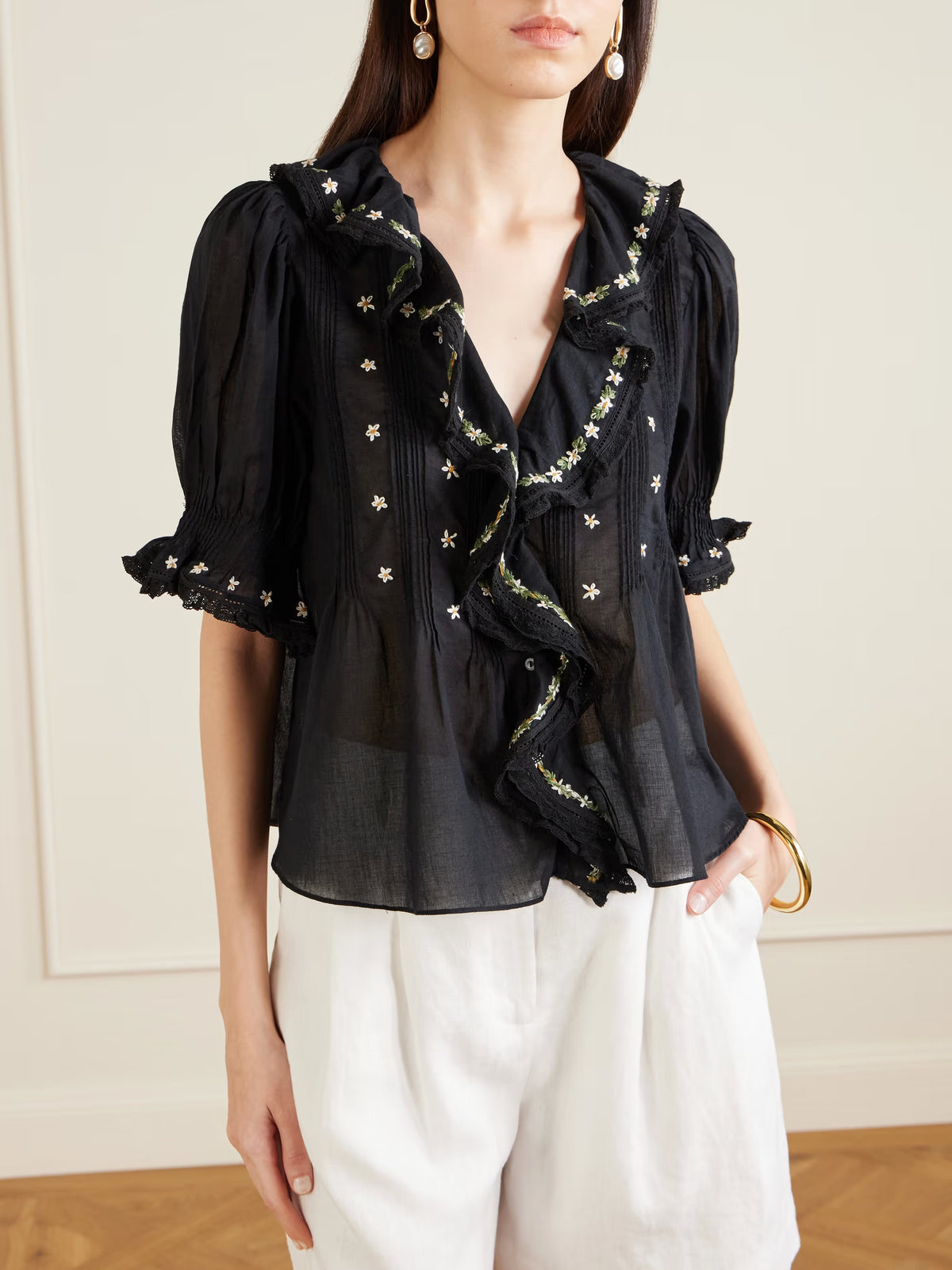 Dôen Hettie Black lace-trimmed embroidered organic cotton-voile blouse