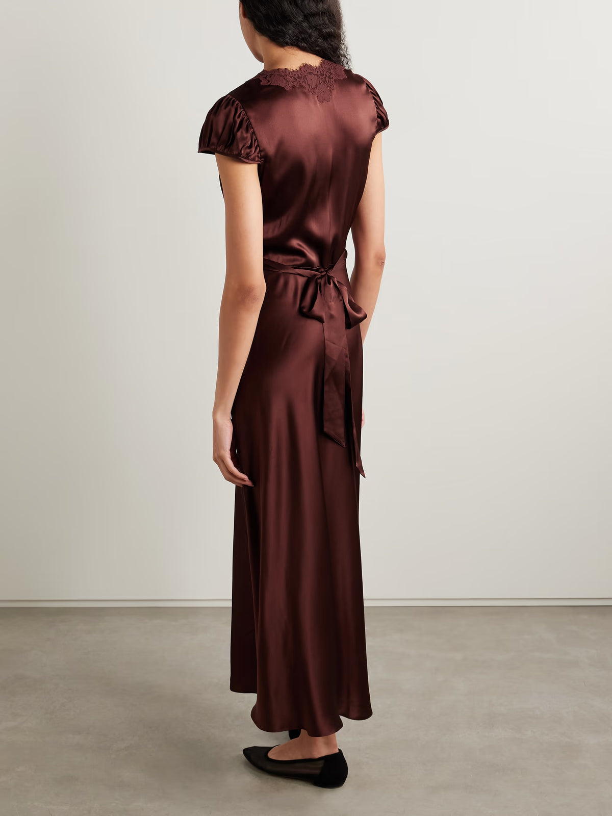 DÔEN Coraline corded lace-trimmed silk-satin maxi dress- Café Brun